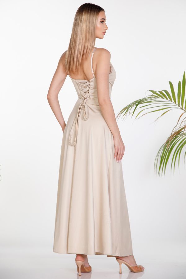 Maxi satin wrap-style dress with slit and lace-up back