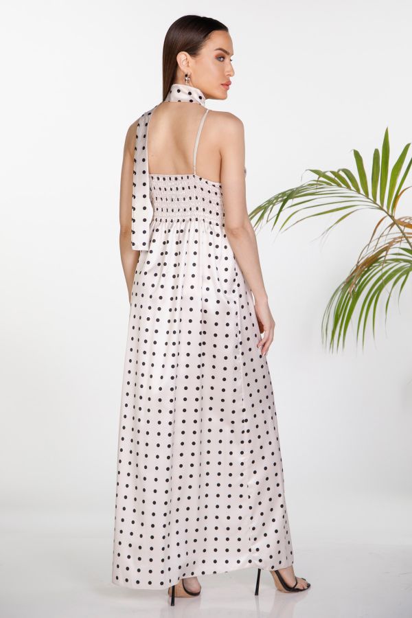 Polka dot satin dress with matching scarf