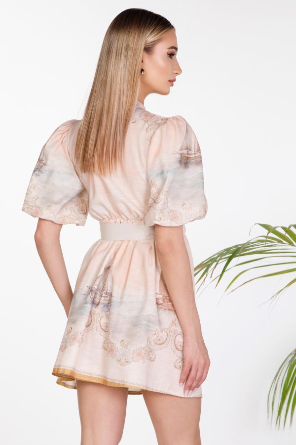 Printed mini dress with pearl buttons