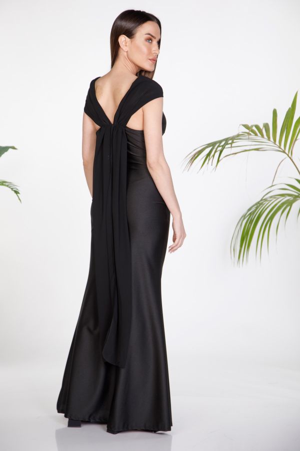 Satin maxi dress with knotted halter neck and draped back cape
