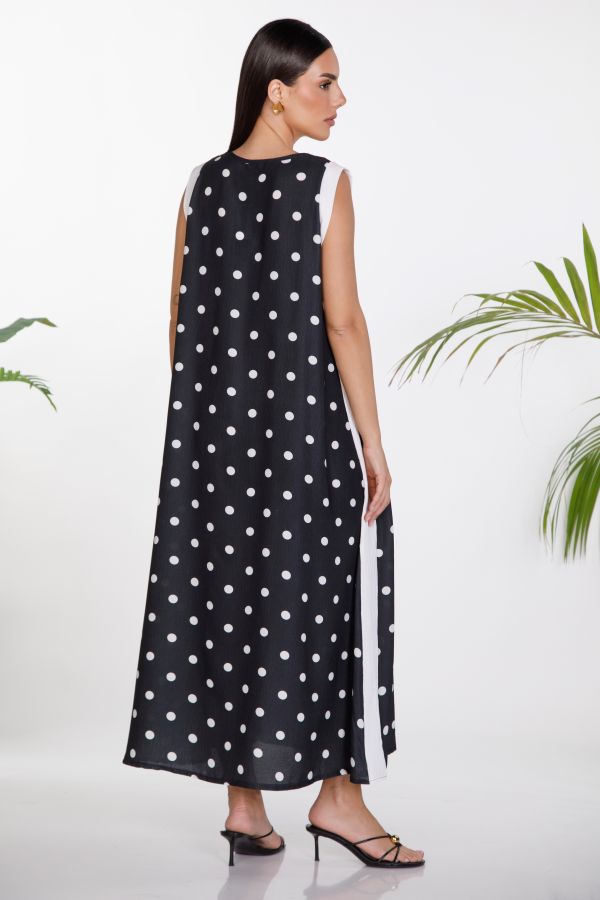 Maxi polka-dot dress with V-neck and opening