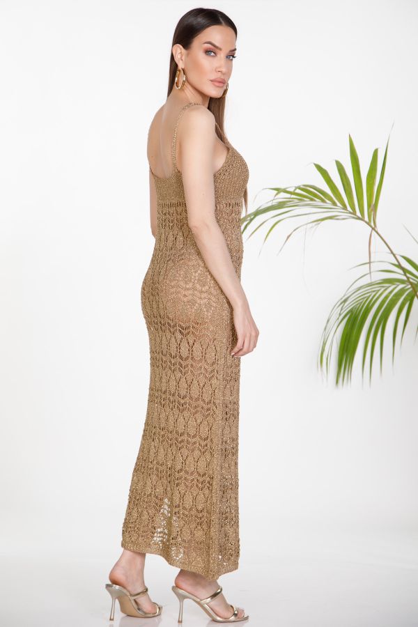 Maxi strap lurex beachwear dress with open-knit
