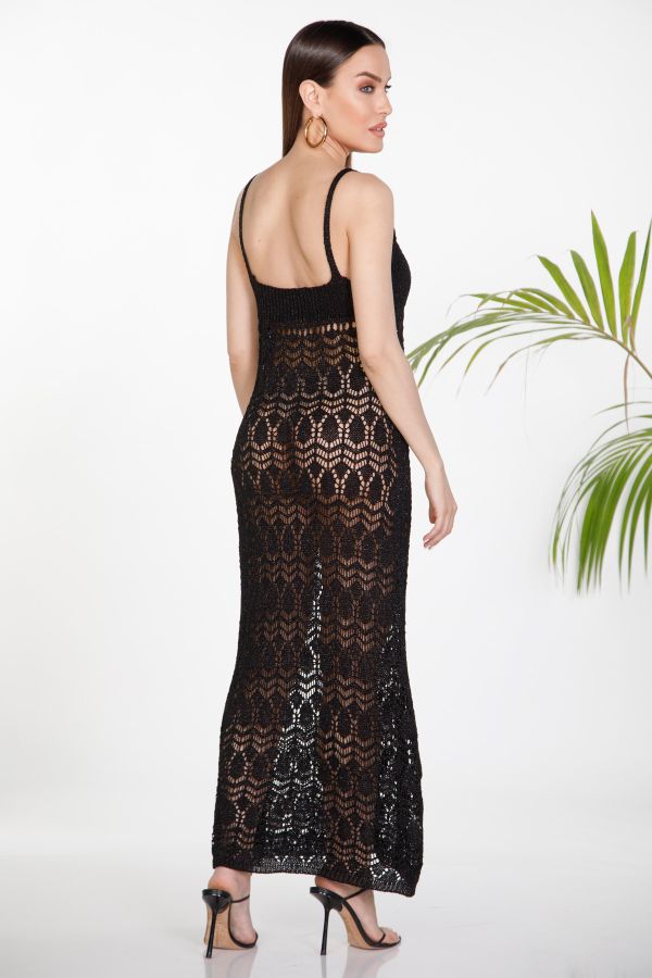 Maxi strap lurex beachwear dress with open-knit