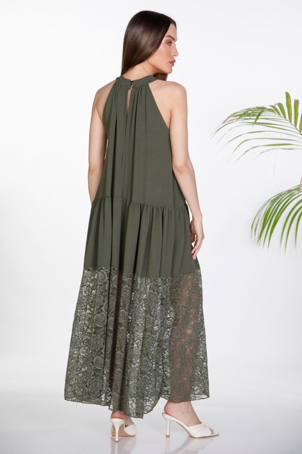 Halter maxi dress with textured fabric and lace hem