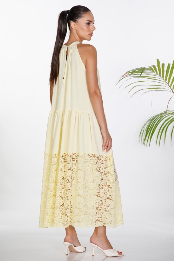 Halter maxi dress with textured fabric and lace hem