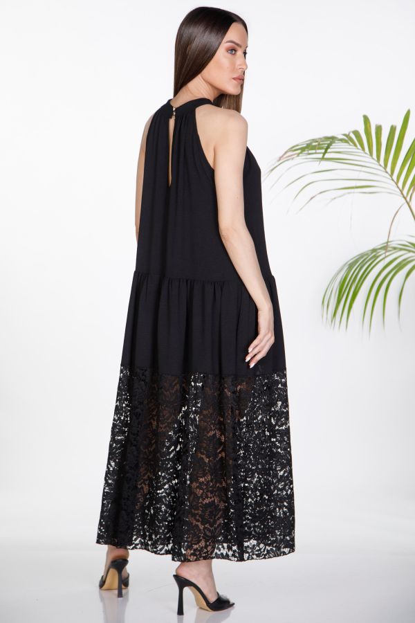 Halter maxi dress with textured fabric and lace hem
