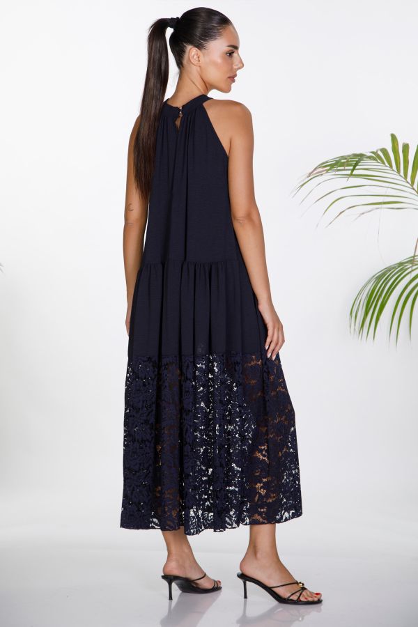 Halter maxi dress with textured fabric and lace hem