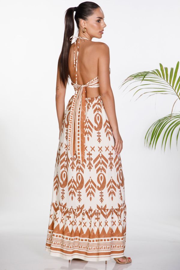 Μάξι φόρεμα halter με έθνικ μοτίβο και cut-outs