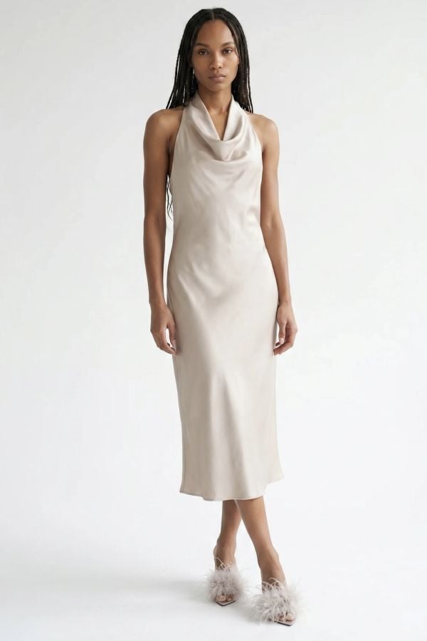 Open-back draped satin dress