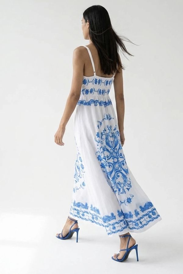 Printed strappy dress with pleated bust