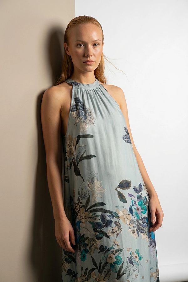 Sleeveless floral halter dress