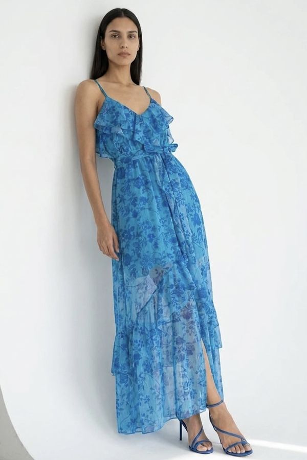 Floral chiffon dress with frills, and belt