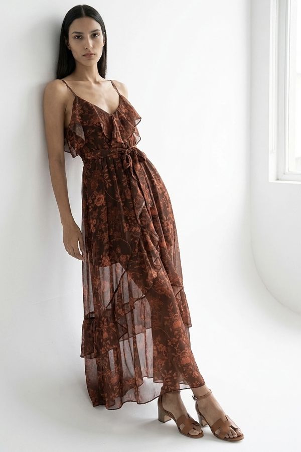 Floral chiffon dress with frills, and belt