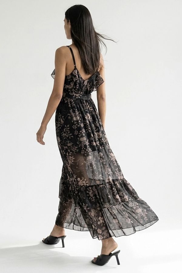 Floral chiffon dress with frills, and belt