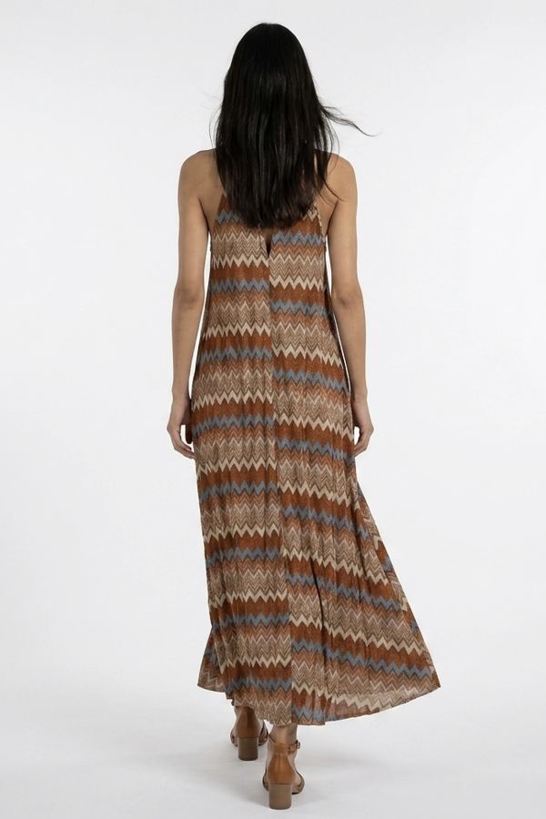 Sleeveless zig-zag lurex maxi dress with neck tie