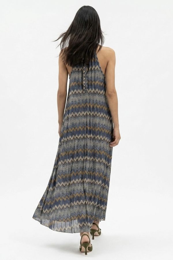 Sleeveless zig-zag lurex maxi dress with neck tie