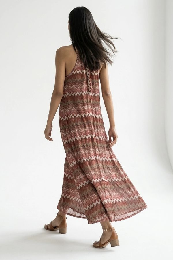 Sleeveless zig-zag lurex maxi dress with neck tie