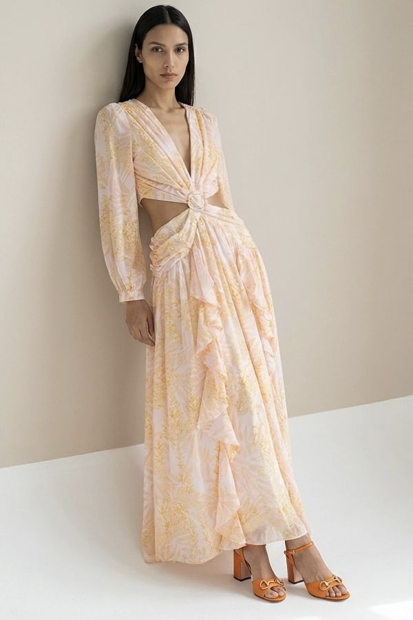 Floral cut-out dress with frills and tie detail