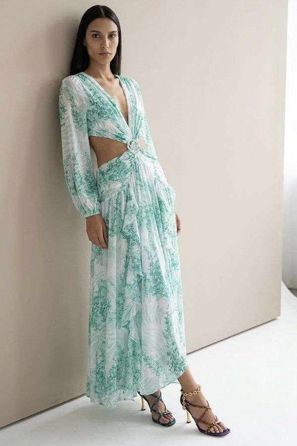 Floral cut-out dress with frills and tie detail
