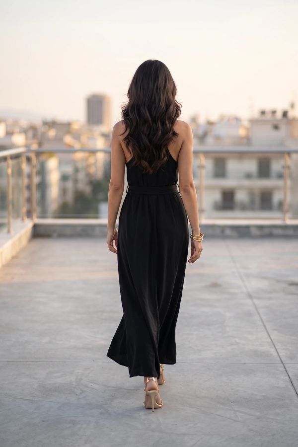 Φόρεμα σατέν με παρτούς ώμους, ντραπέ και ζώνη