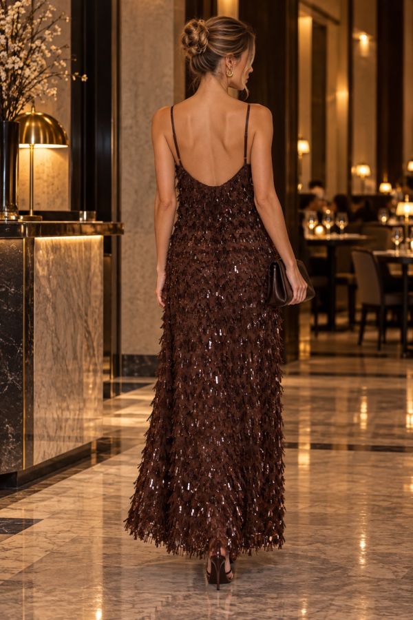 Μακρύ see-through εξώπλατο φόρεμα με παγιέτες