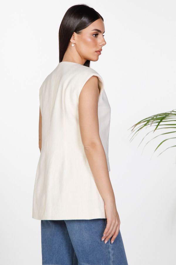 Linen vest with square neckline and side button closure