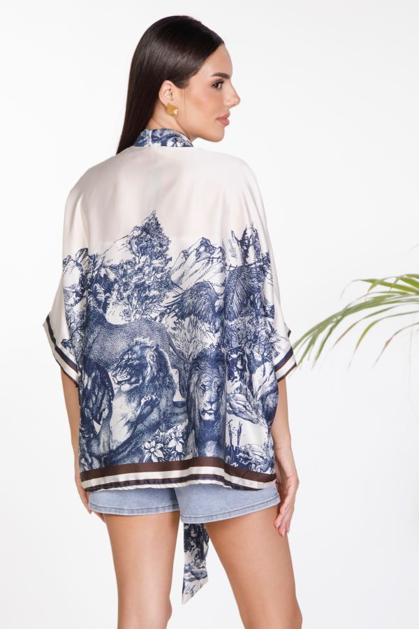 Satin printed kimono with tie closure