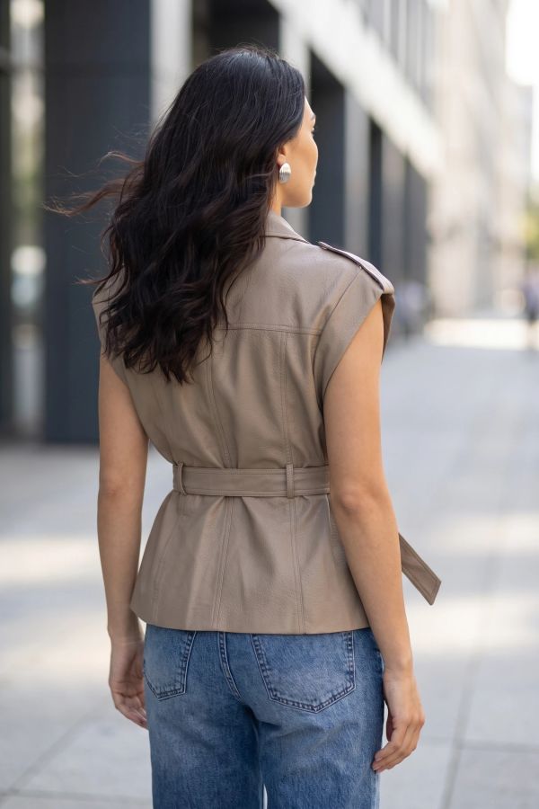 Αμάνικο jacket από δερματίνη με ζώνη