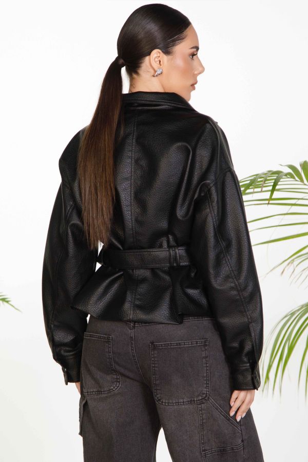 Jacket δερματίνη με τσέπες και ζώνη