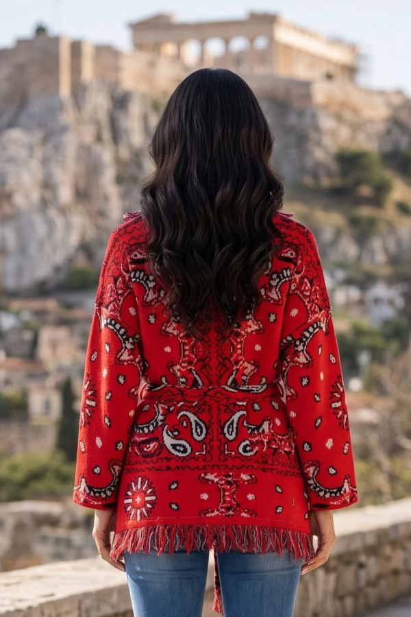 Κοντή πλεκτή ζακέτα με λαχούρια, κρόσια και ζώνη - ΚΟΚΚΙΝΟ