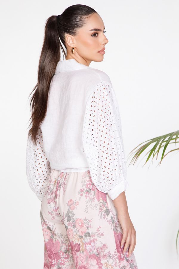 Shirt with broderie sleeves and front tie