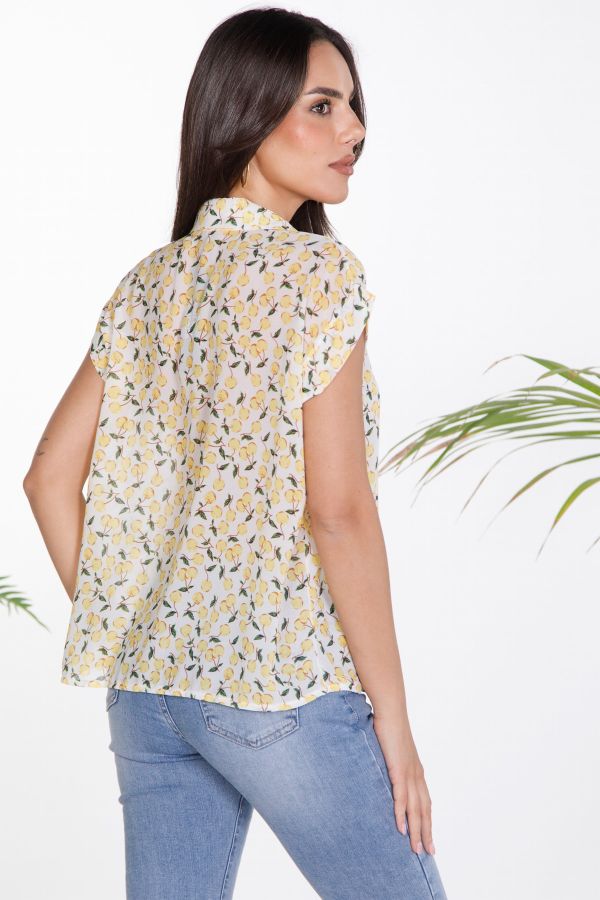Sleeveless button-up shirt with cherry pattern