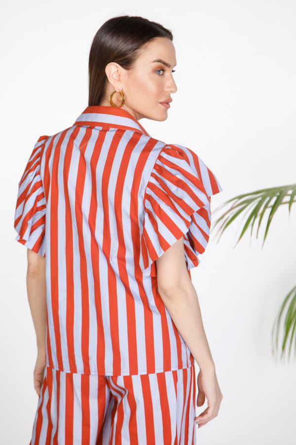 Striped shirt with dramatic ruffle sleeves