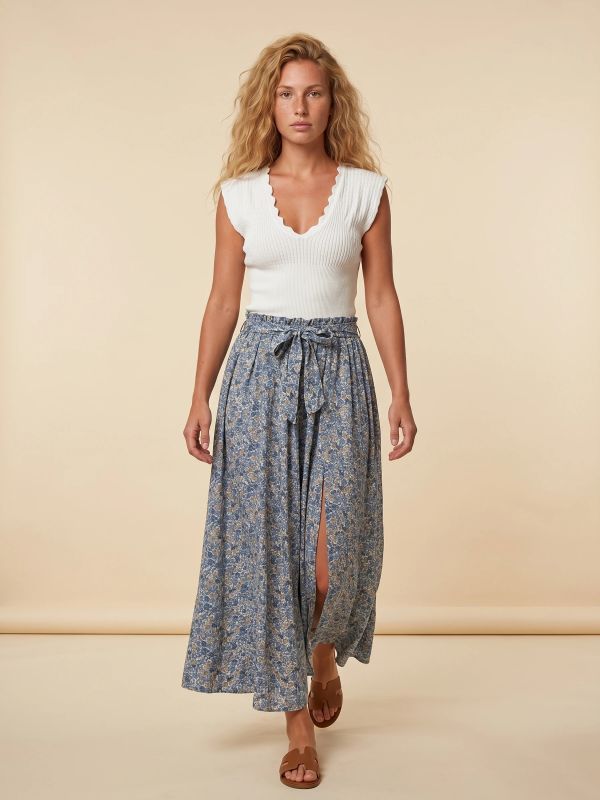 Floral maxi skirt with self-tie belt