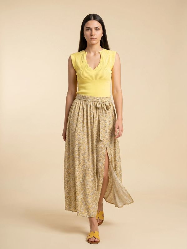 Floral maxi skirt with self-tie belt