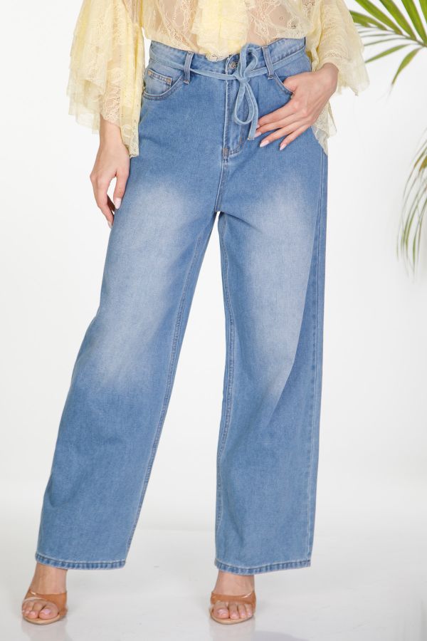 Denim wide-leg trousers with drawstring belt