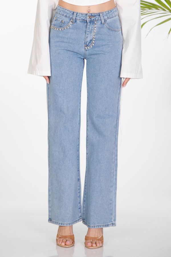 Rhinestone embellished denim trousers