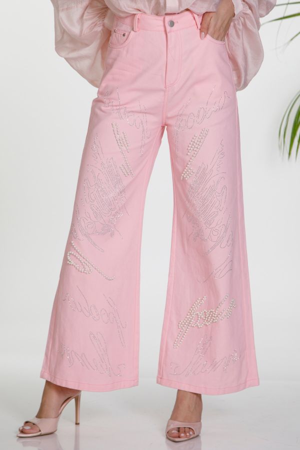 Wide leg jeans with rhinestones and pearls