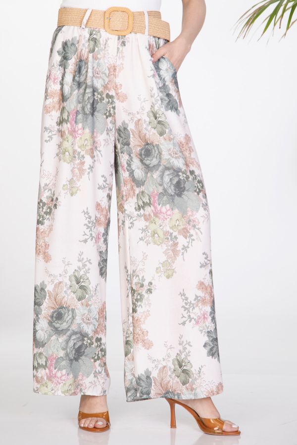 High-waisted floral pants with straw belt