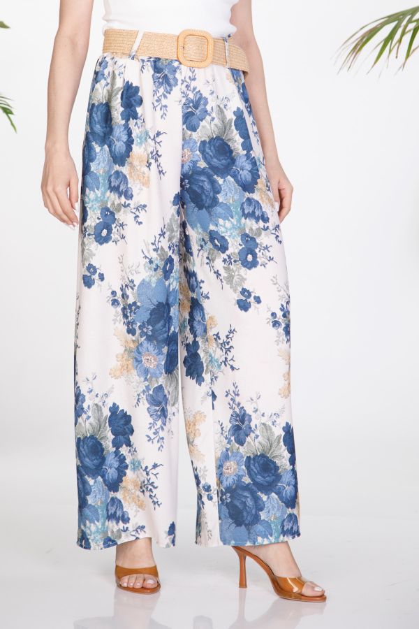 High-waisted floral pants with straw belt