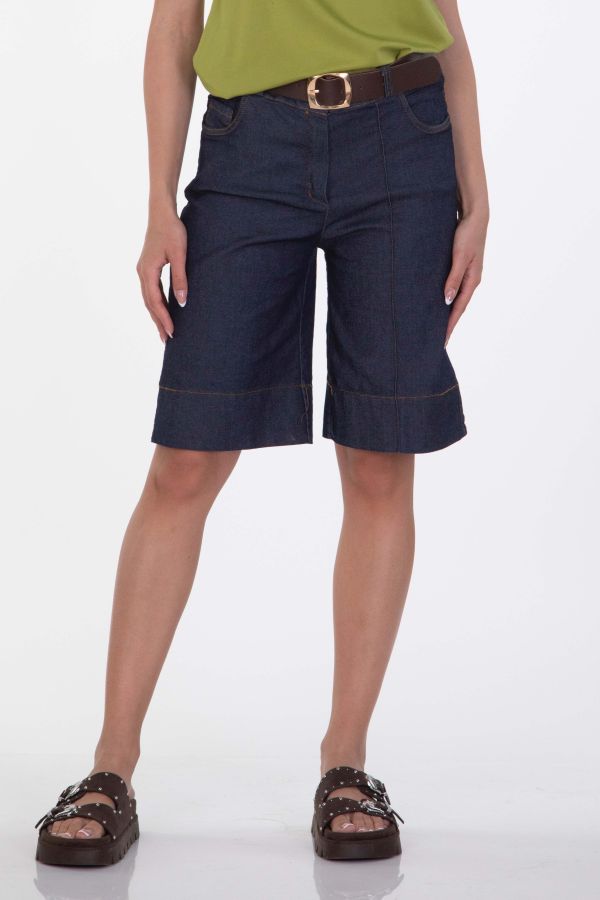 Denim bermuda shorts with stitching and belt