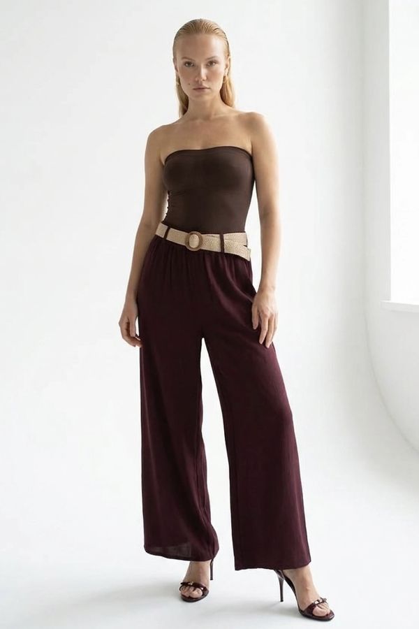 Linen wide-leg pants with straw belt