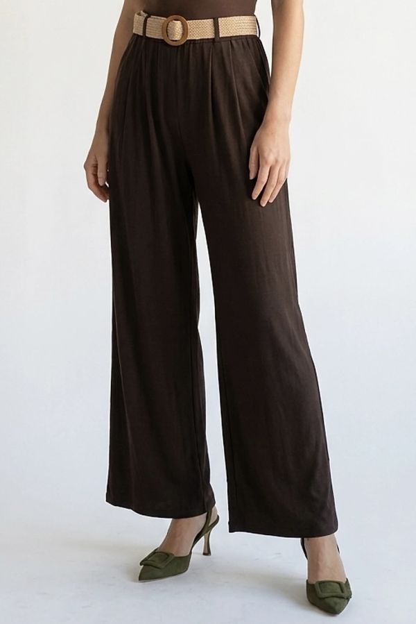 Linen wide-leg pants with straw belt